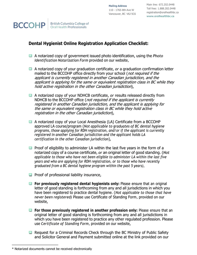 Dental Hygienist Online Registration Application Checklist screenshot