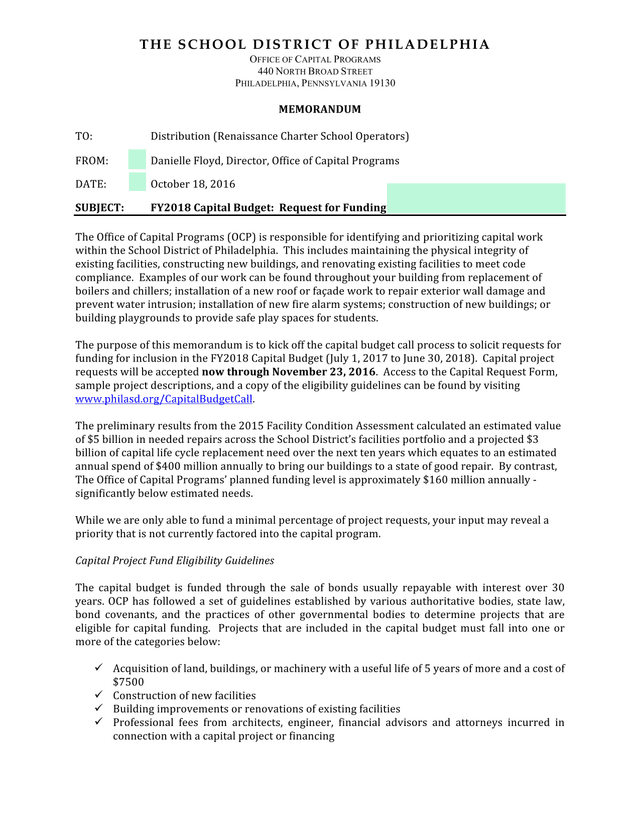 FY2018 Capital Budget Request For Funding screenshot