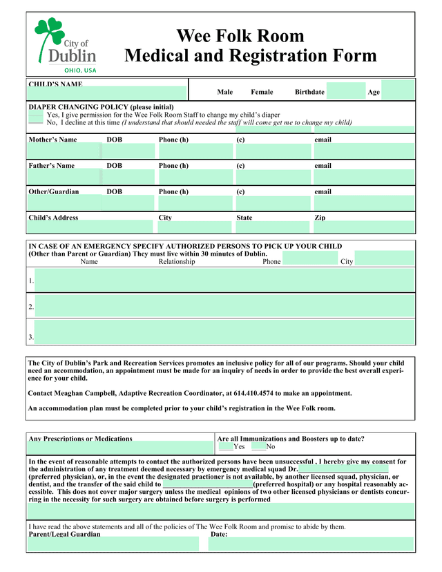 Wee Folk Room Medical And Registration Form screenshot