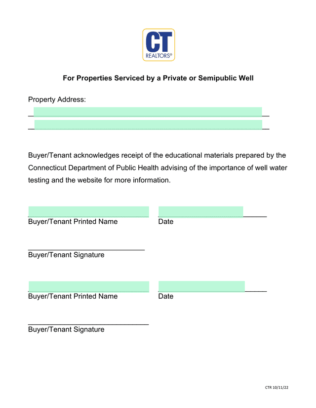 CTR 101122 For Properties Serviced By A Private Or Semipublic Well screenshot