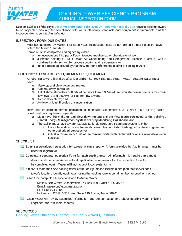 Cooling Tower Efficiency Program Annual Inspection Form screenshot