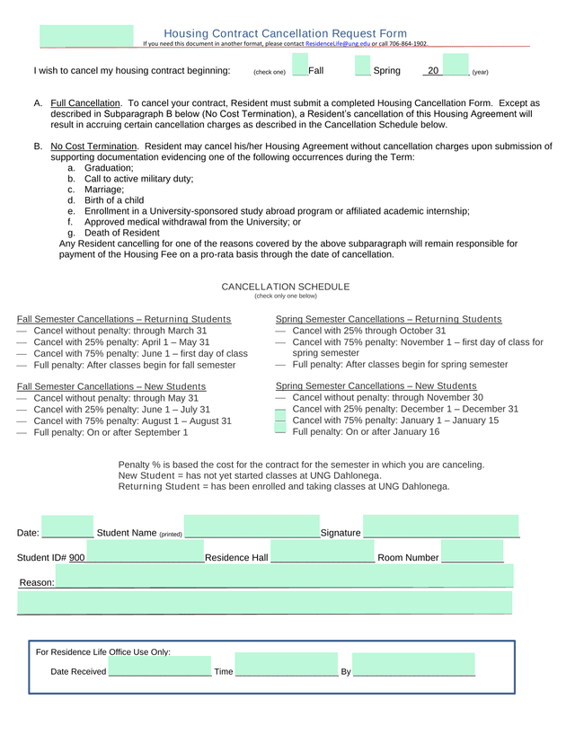 Housing Contract Cancellation Request Form screenshot