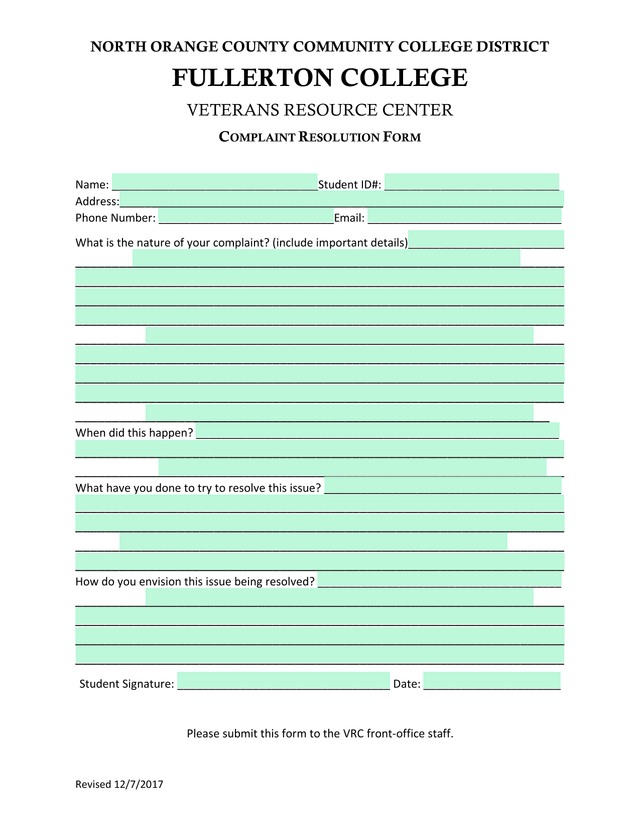 Complaint Resolution Form screenshot