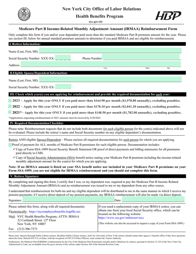 Medicare Part B Income Related Monthly Adjustment Amount (IRMAA) Reimbursement Form screenshot