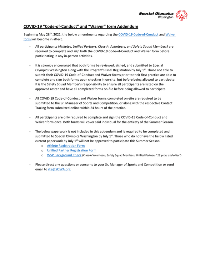 COVID 19 Code Of Conduct And Waiver Form Addendum screenshot