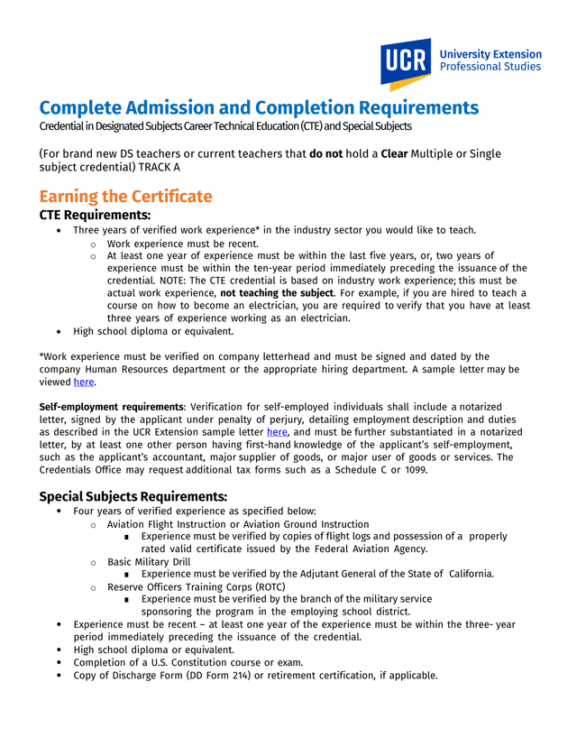 Complete Admission And Completion Requirements Credential In Designated Subjects Career Technical Ed screenshot