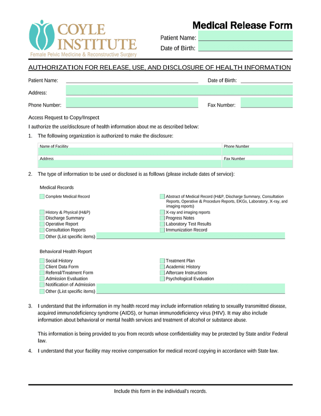 Medical Release Form screenshot