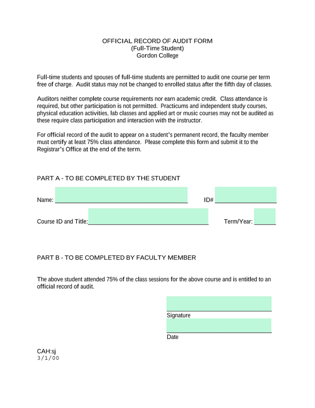 Official Record Of Audit Form (Full Time Student) screenshot