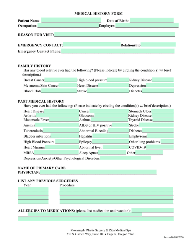 MEDICAL HISTORY FORM screenshot