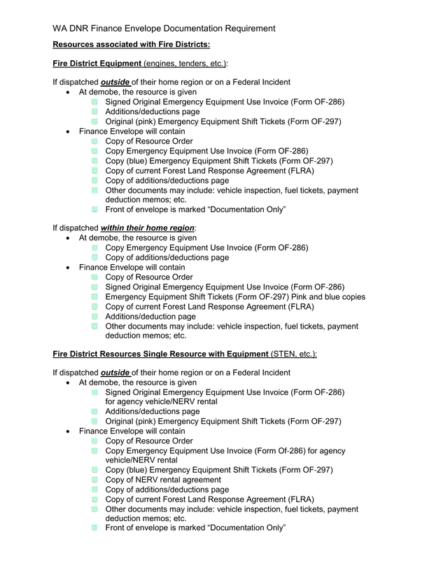 WA DNR Finance Envelope Documentation Requirement screenshot