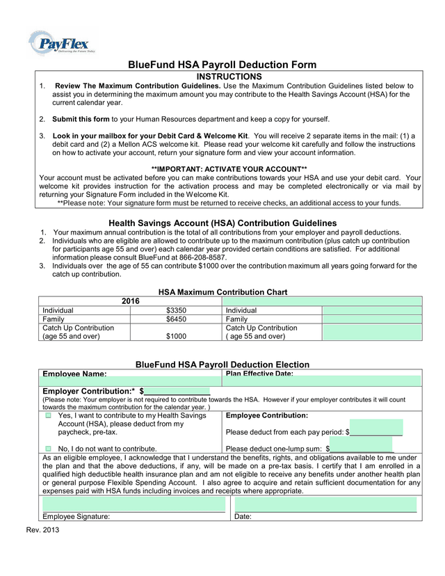 BlueFund HSA Payroll Deduction Form screenshot