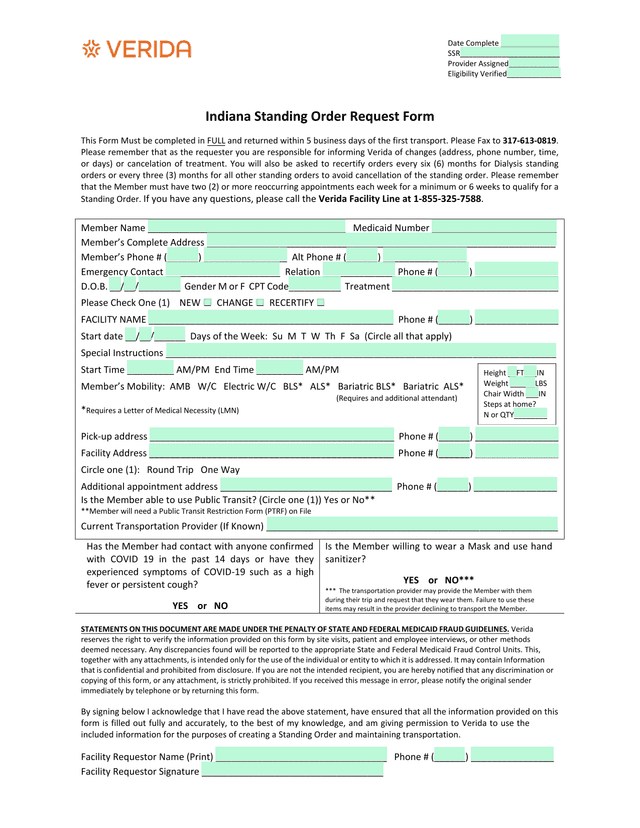 Indiana Standing Order Request Form screenshot