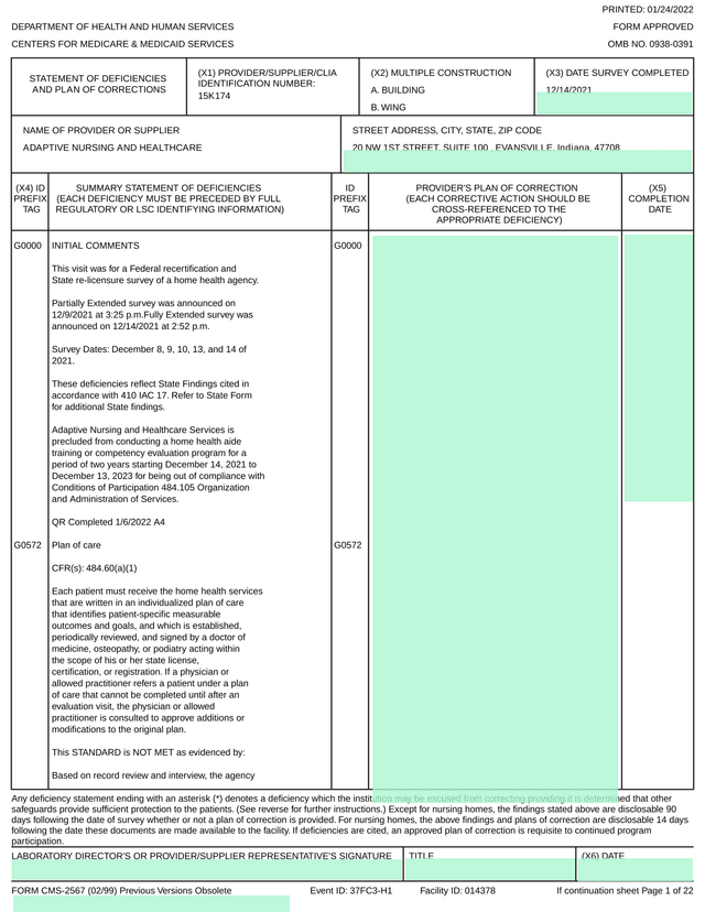 Statement Of Deficiencies And Plan Of Corrections screenshot