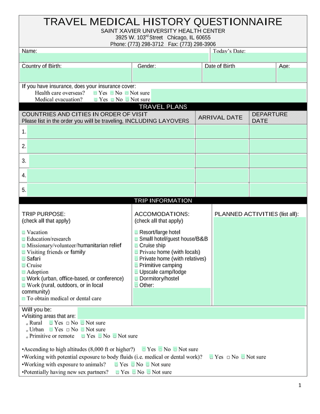 Travel Medical History Questionnaire screenshot
