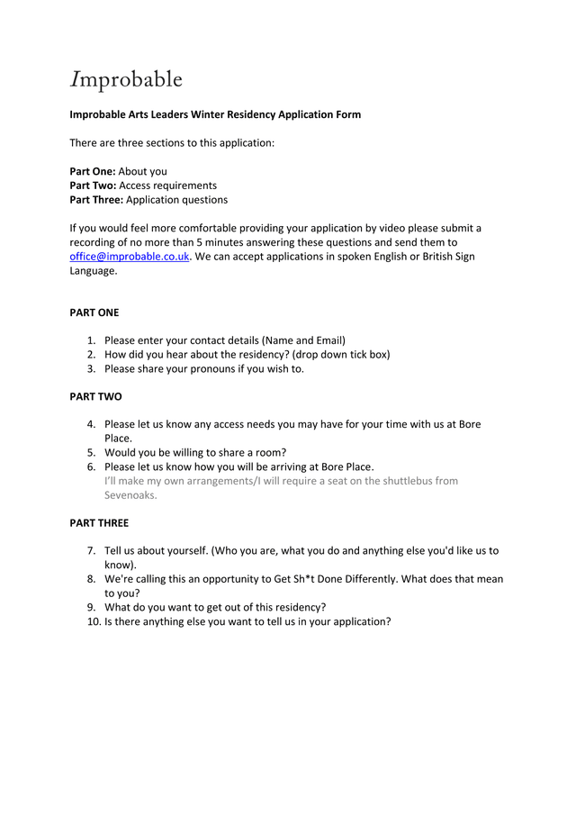 Improbable Arts Leaders Winter Residency Application Form screenshot
