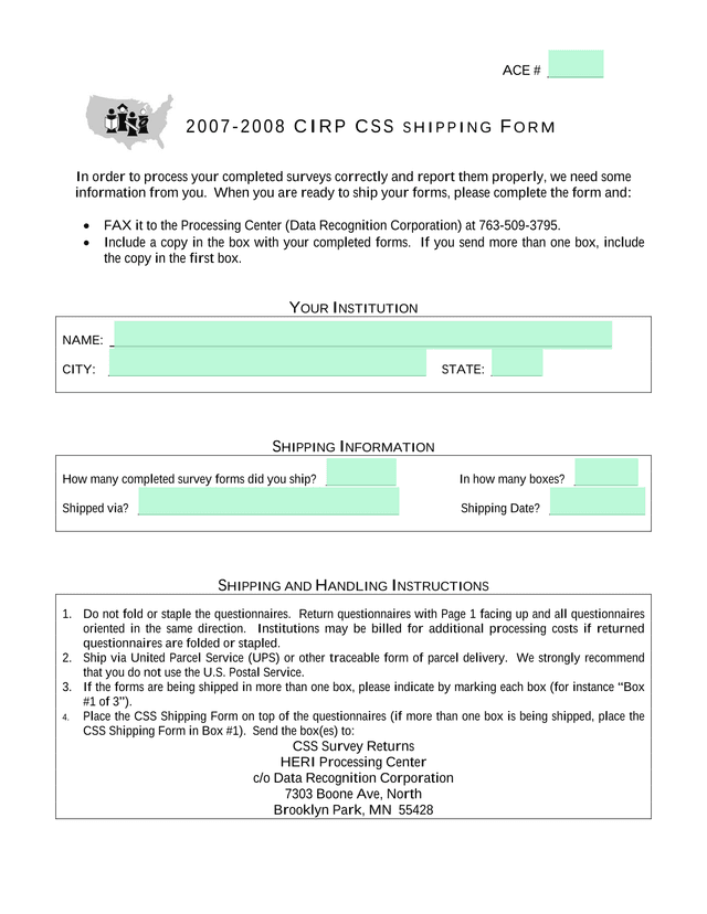 2007 2008 CIRP CSS Shipping Form screenshot