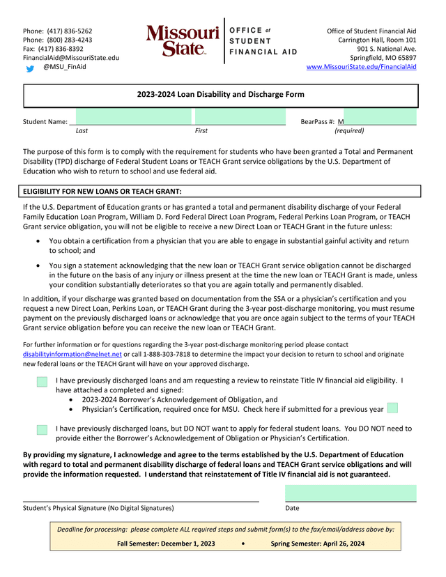 2023 2024 Loan Disability And Discharge Form screenshot