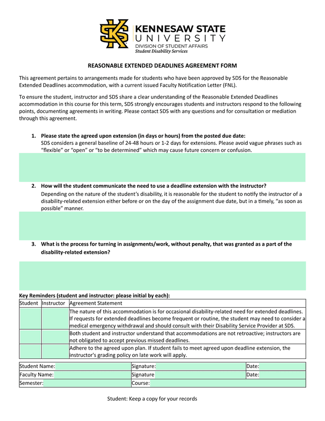 Reasonable Extended Deadlines Agreement Form screenshot