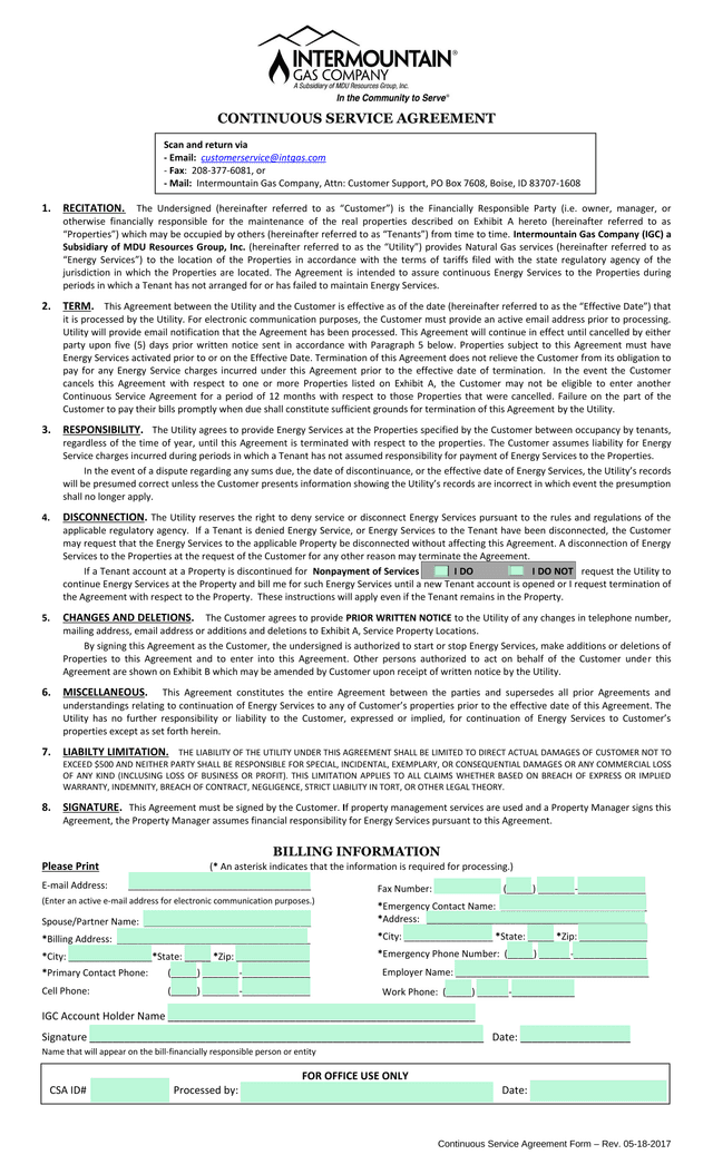 Continuous Service Agreement Form screenshot