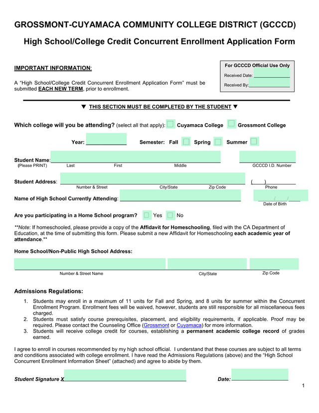 High SchoolCollege Credit Concurrent Enrollment Application Form screenshot