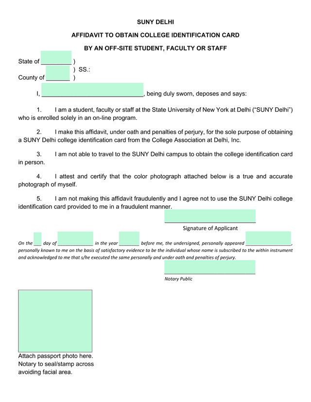SUNY Delhi Affidavit To Obtain College Identification Card screenshot