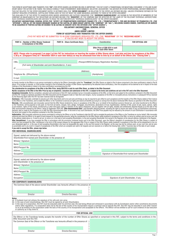 Form Of Acceptance And Transfer For Offer Shares screenshot