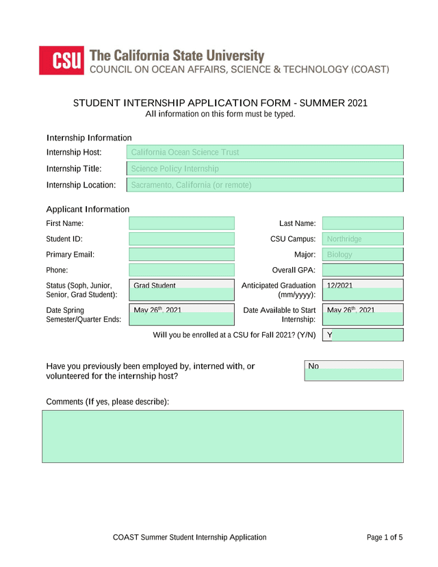 COAST Summer Student Internship Application screenshot