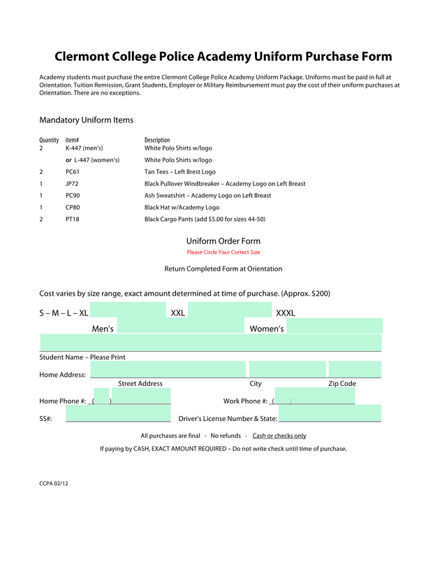 Clermont College Police Academy Uniform Purchase Form screenshot