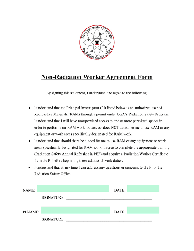 Non Radiation Worker Agreement Form screenshot