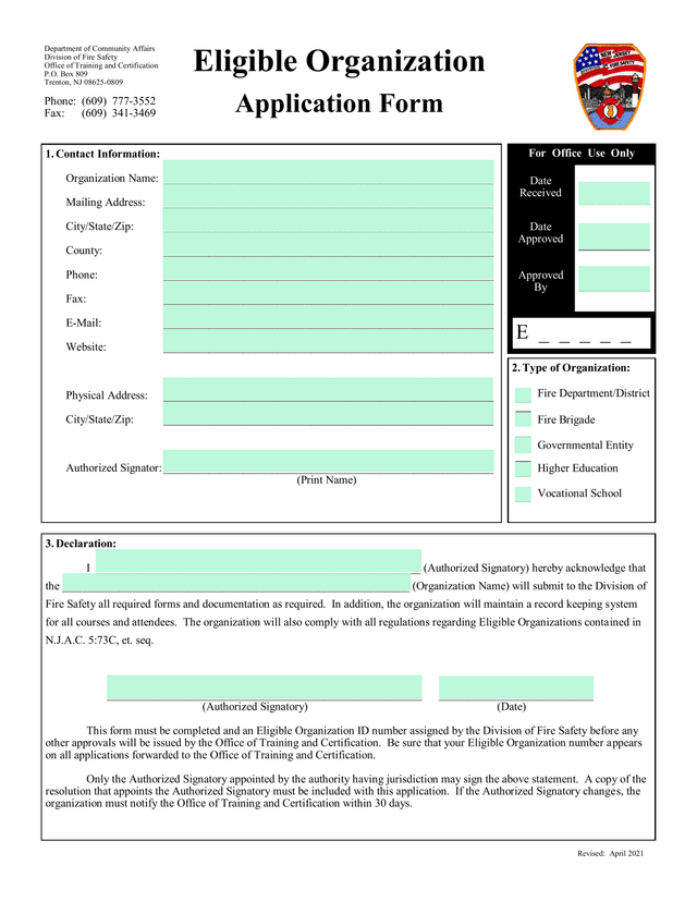 Eligible Organization Application Form screenshot