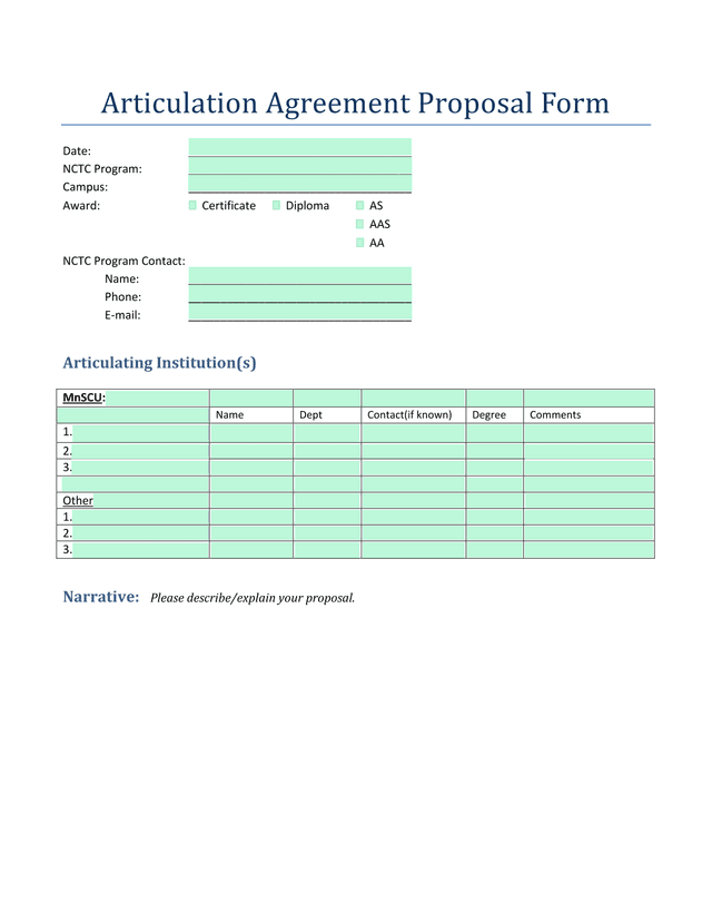 Articulation Agreement Proposal Form screenshot