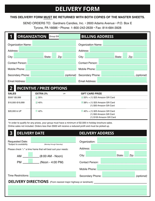 Gardners Candies Delivery Form screenshot