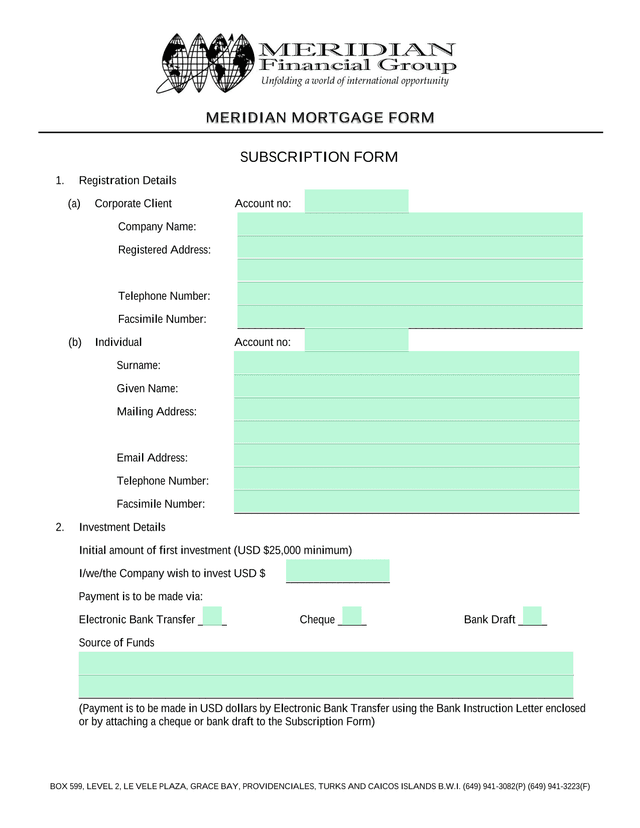 Meridian Mortgage Subscription Form screenshot