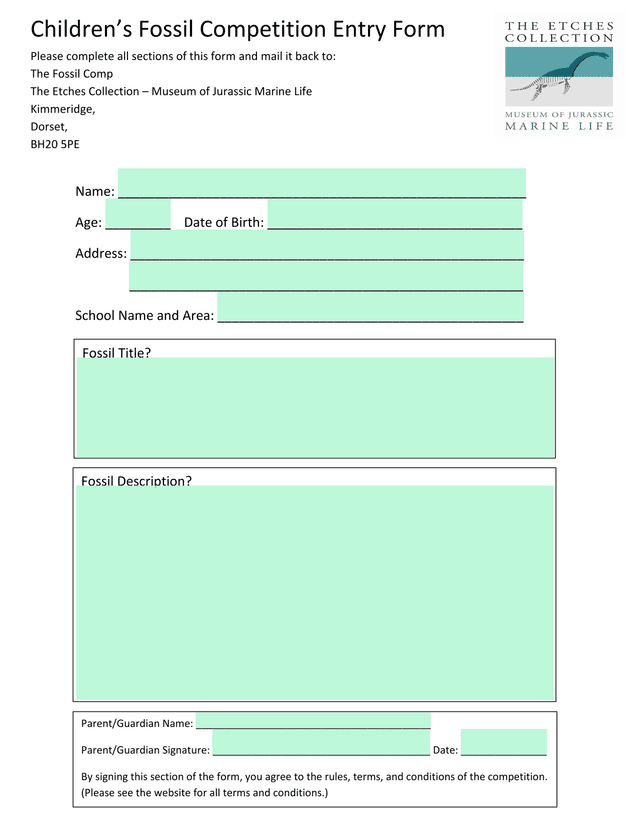 ChildrenS Fossil Competition Entry Form screenshot