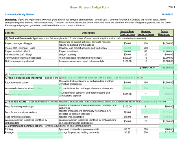 Green Partners Budget Form screenshot