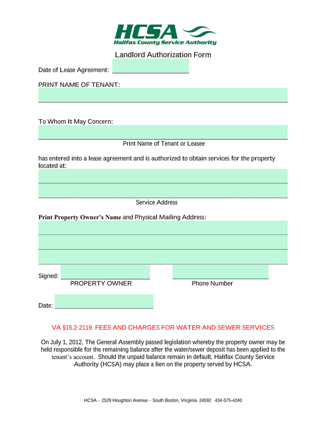 Landlord Authorization Form screenshot