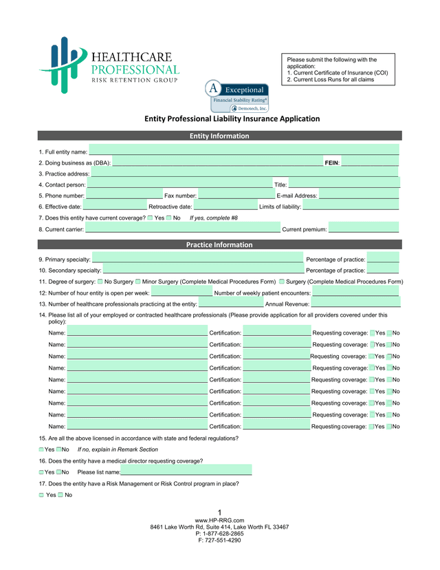 Entity Professional Liability Insurance Application screenshot