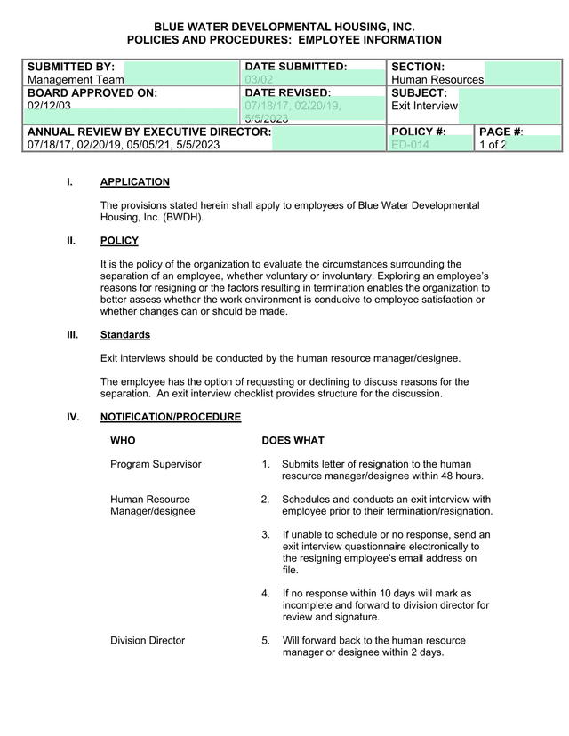 Exit Interview Policy screenshot