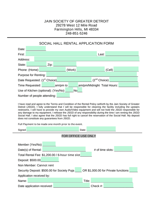Social Hall Rental Application Form screenshot