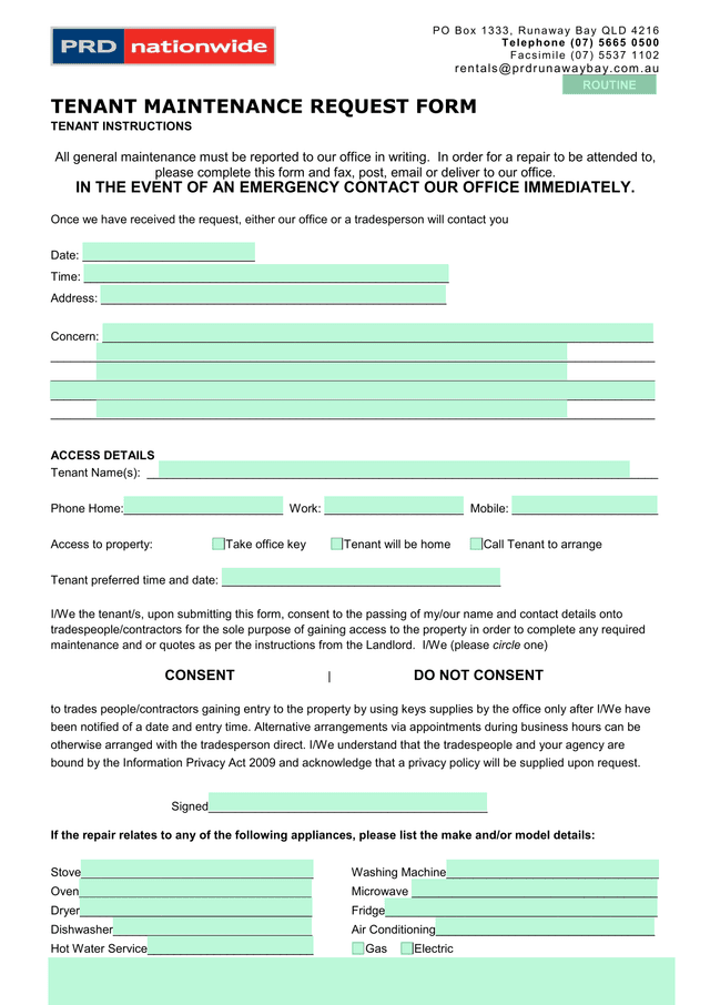 Routine Tenant Maintenance Request Form screenshot