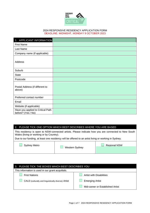 2024 RESPONSIVE RESIDENCY APPLICATION FORM screenshot