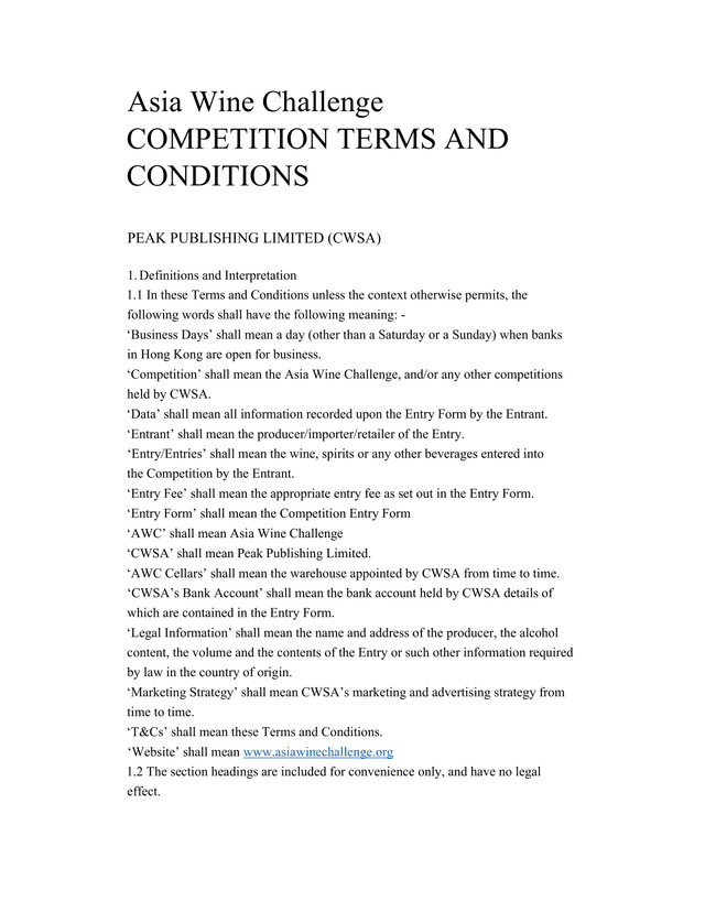 Asia Wine Challenge Competition Terms And Conditions screenshot