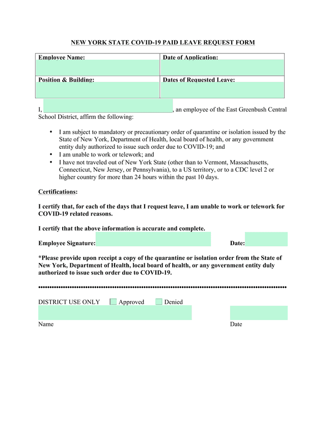 NEW YORK STATE COVID 19 PAID LEAVE REQUEST FORM screenshot