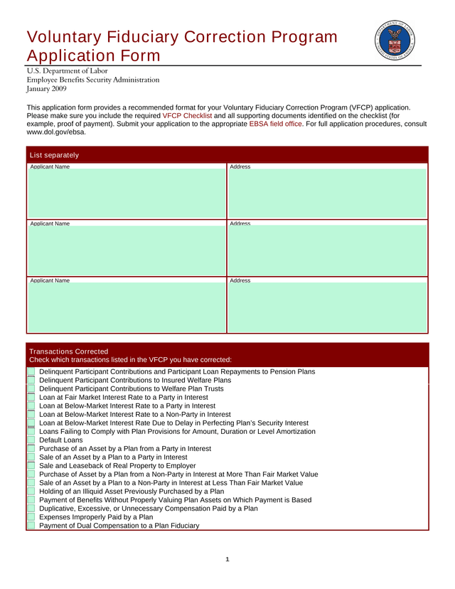 Voluntary Fiduciary Correction Program Application Form screenshot