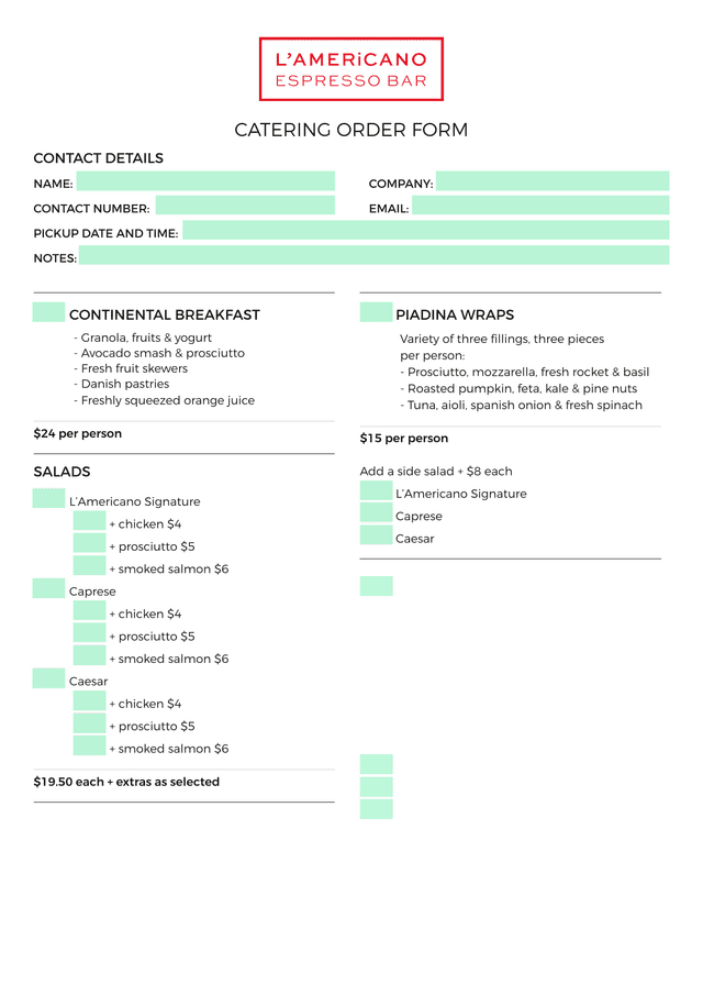 CATERING ORDER FORM screenshot