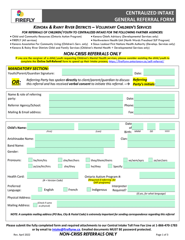Kenora  Rainy River Districts  Voluntary ChildrenS Services Referral Form screenshot