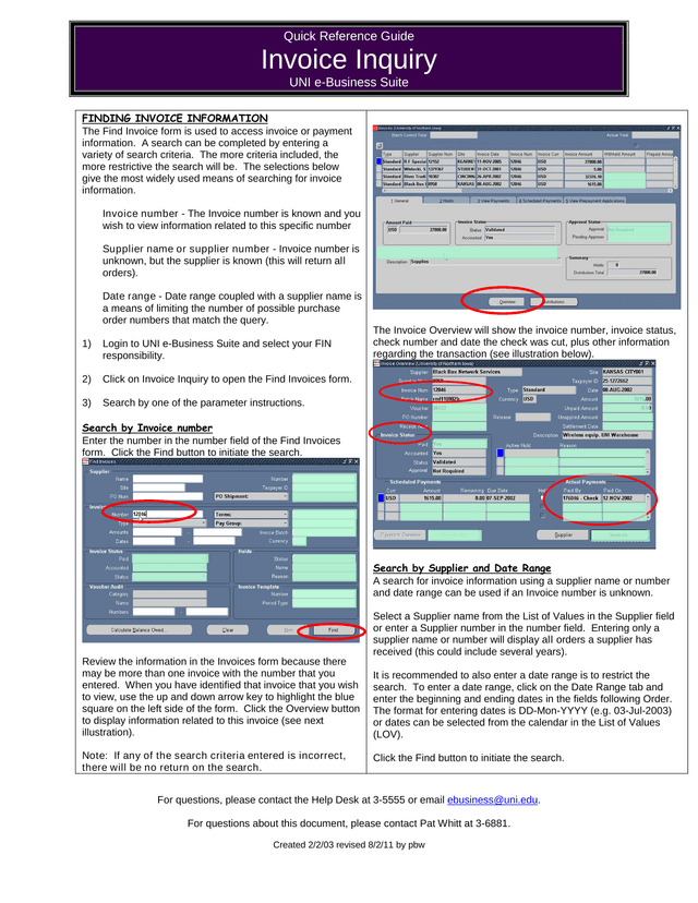 Invoice Inquiry Quick Reference Guide screenshot