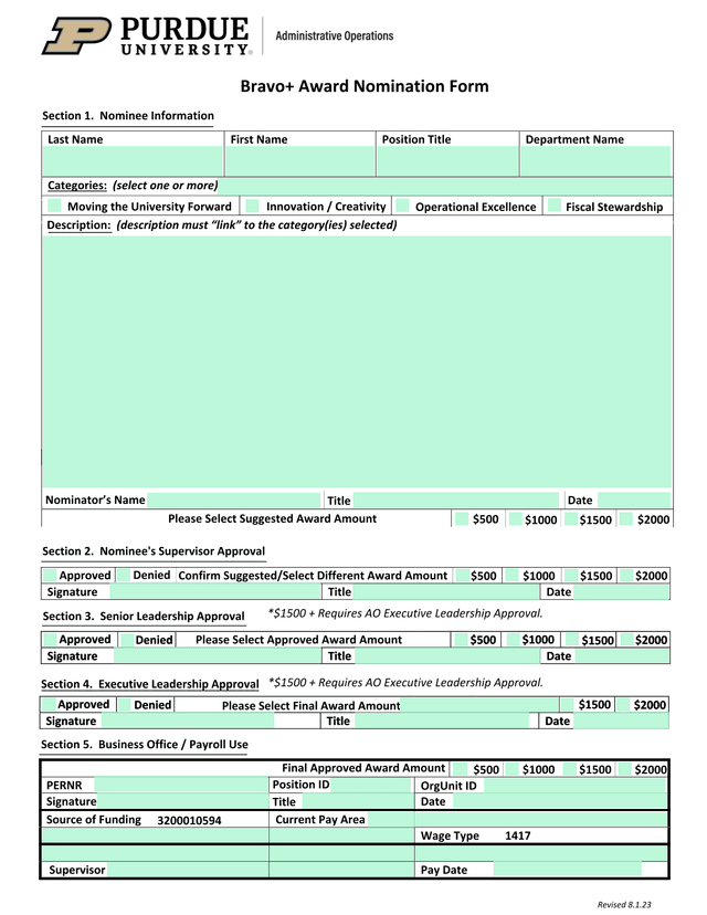 Bravo Award Nomination Form screenshot
