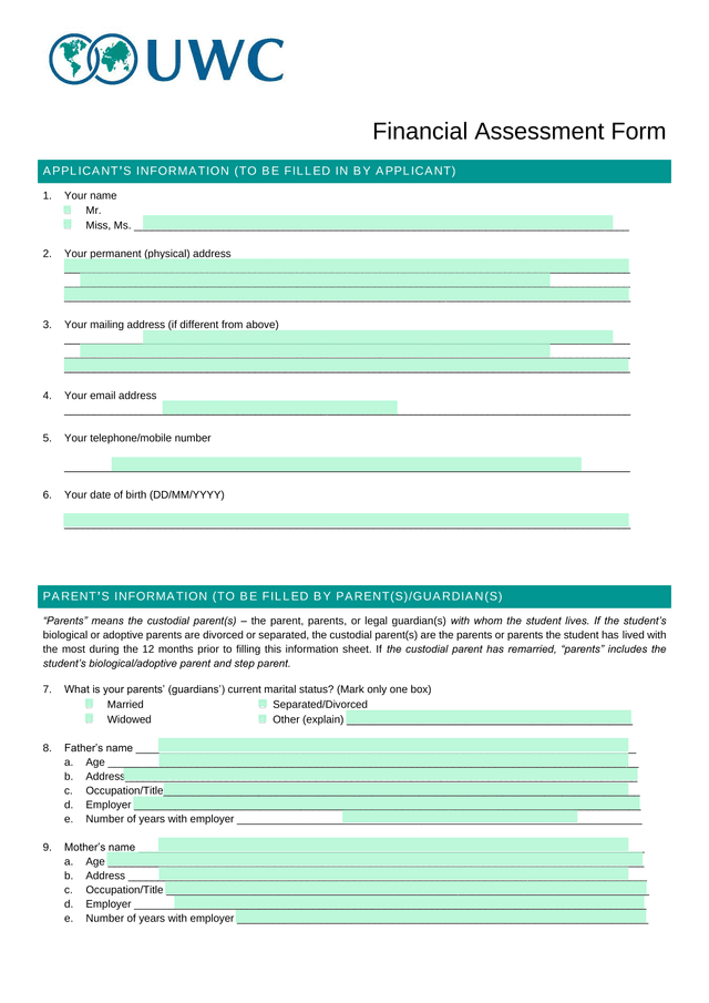 Financial Assessment Form screenshot
