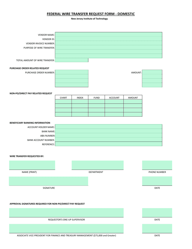 Federal Wire Transfer Request Form   Domestic screenshot